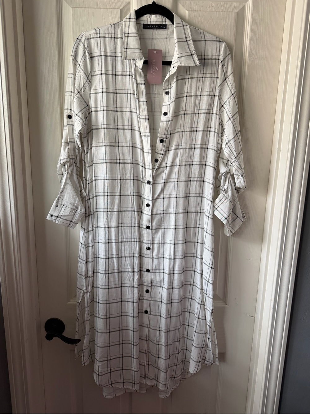 White Plaid Button-Front Midi Shirt Dress